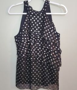 IZ Byer Sleeveless Black With Silver Polka Dots Ruffled Dress Top Size Large